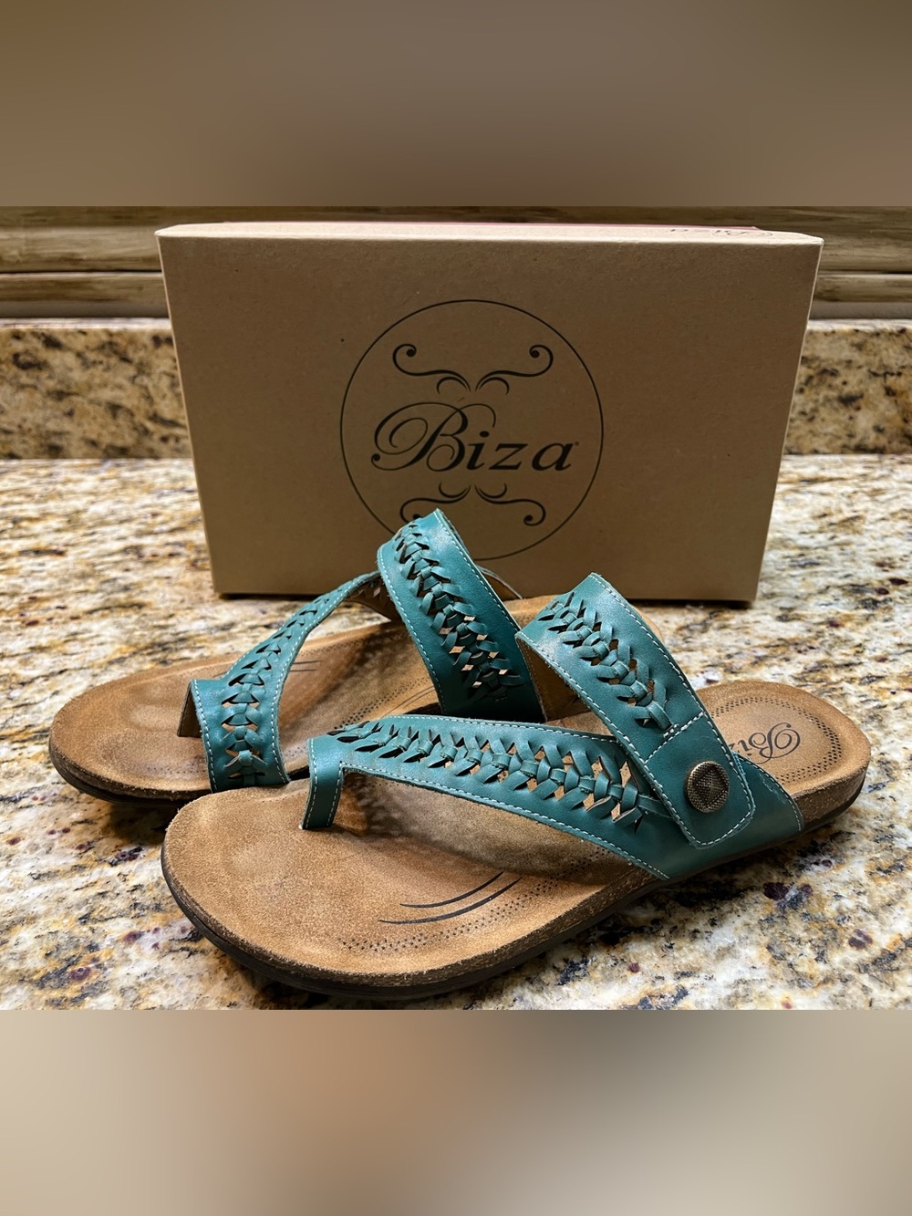 Biza Teal Woven Leather Thong Sandals